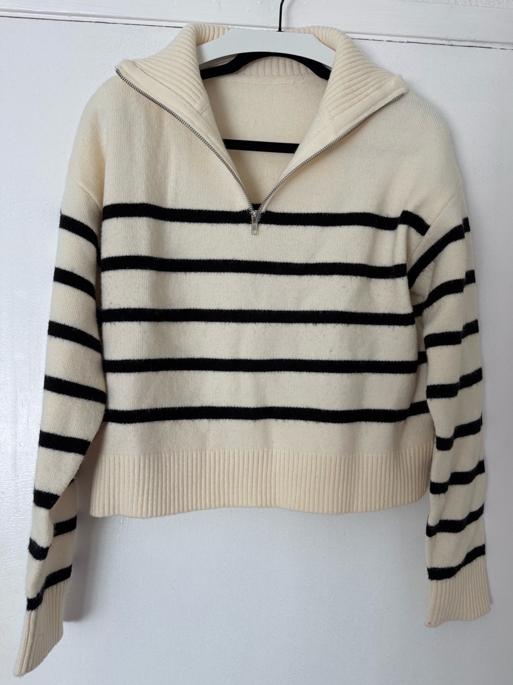 Cream and Black Striped Half-Zip Sweater